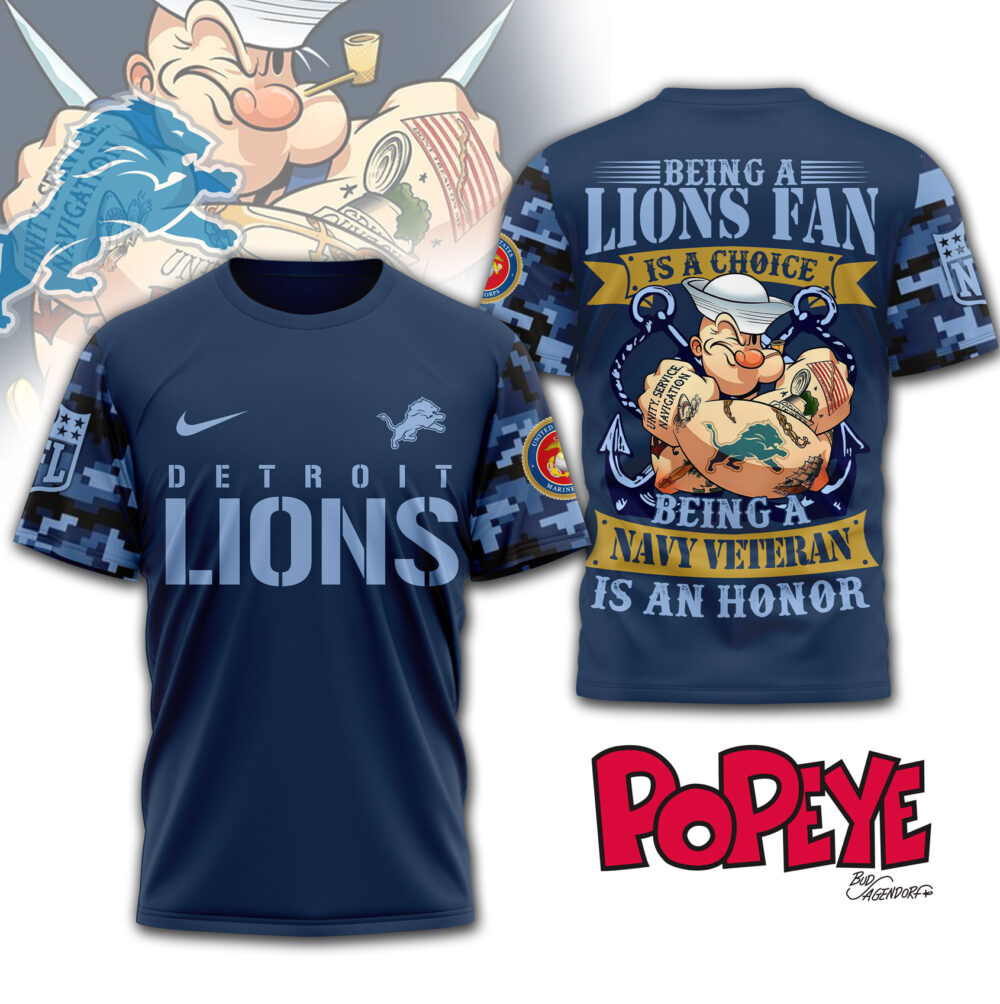 Detroit Lions | Premium NFL Navy Veteran Popeye 3D Shirt