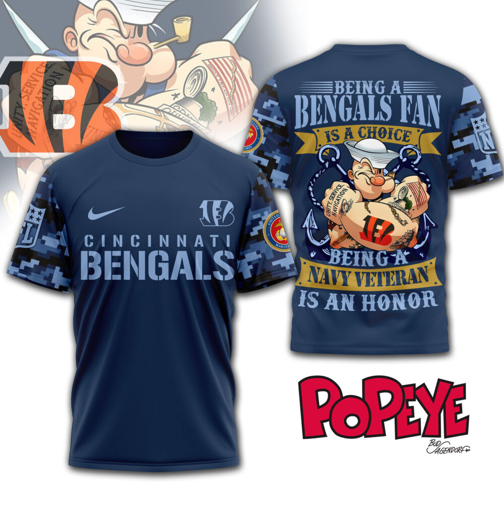 Cincinnati Bengals | Premium NFL Navy Veteran Popeye 3D Shirt