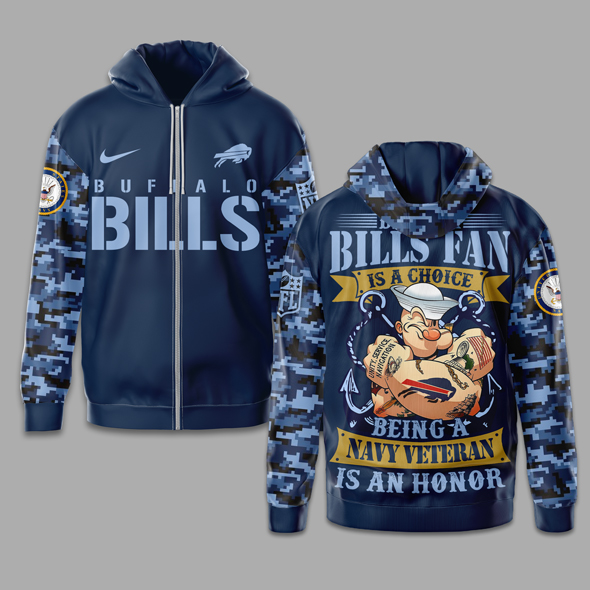 Buffalo Bills | Premium NFL Navy Veteran Popeye 3D Shirt MM - Zip Hoodie