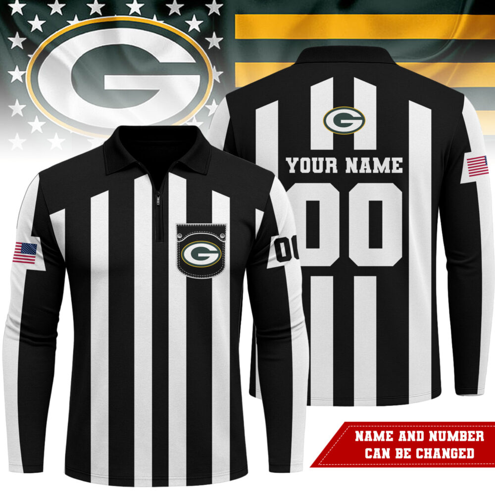 Green Bay Packers | Premium NFL Referees 3D Zipper Long Sleeve Polo Shirt