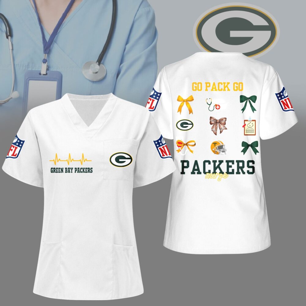 Green Bay Packers | Premium NFL Nurse Hearts And Bows Scrub Shirt NY