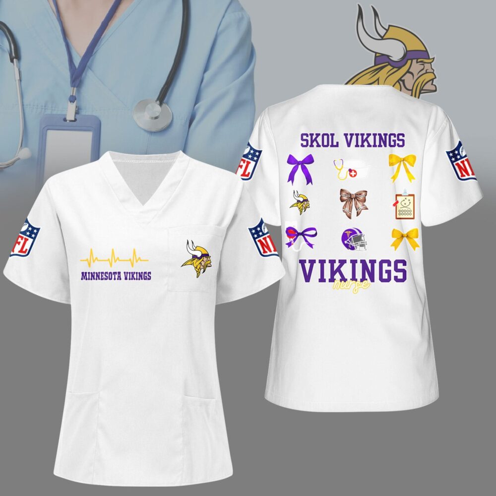 Minnesota Vikings | Premium NFL Nurse Hearts And Bows Scrub Shirt NY