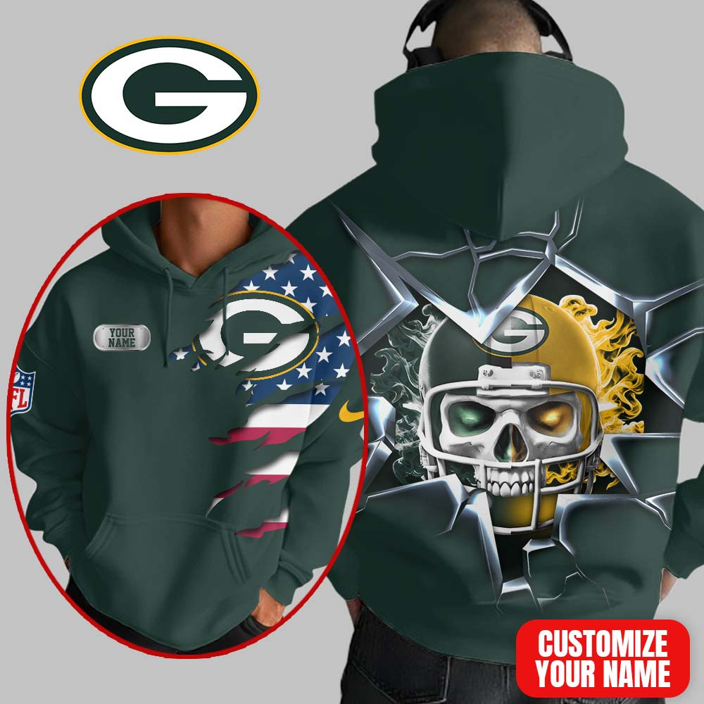 Green Bay Packers | Premium NFL Customizable Skull Hoodie MM - L, Green
